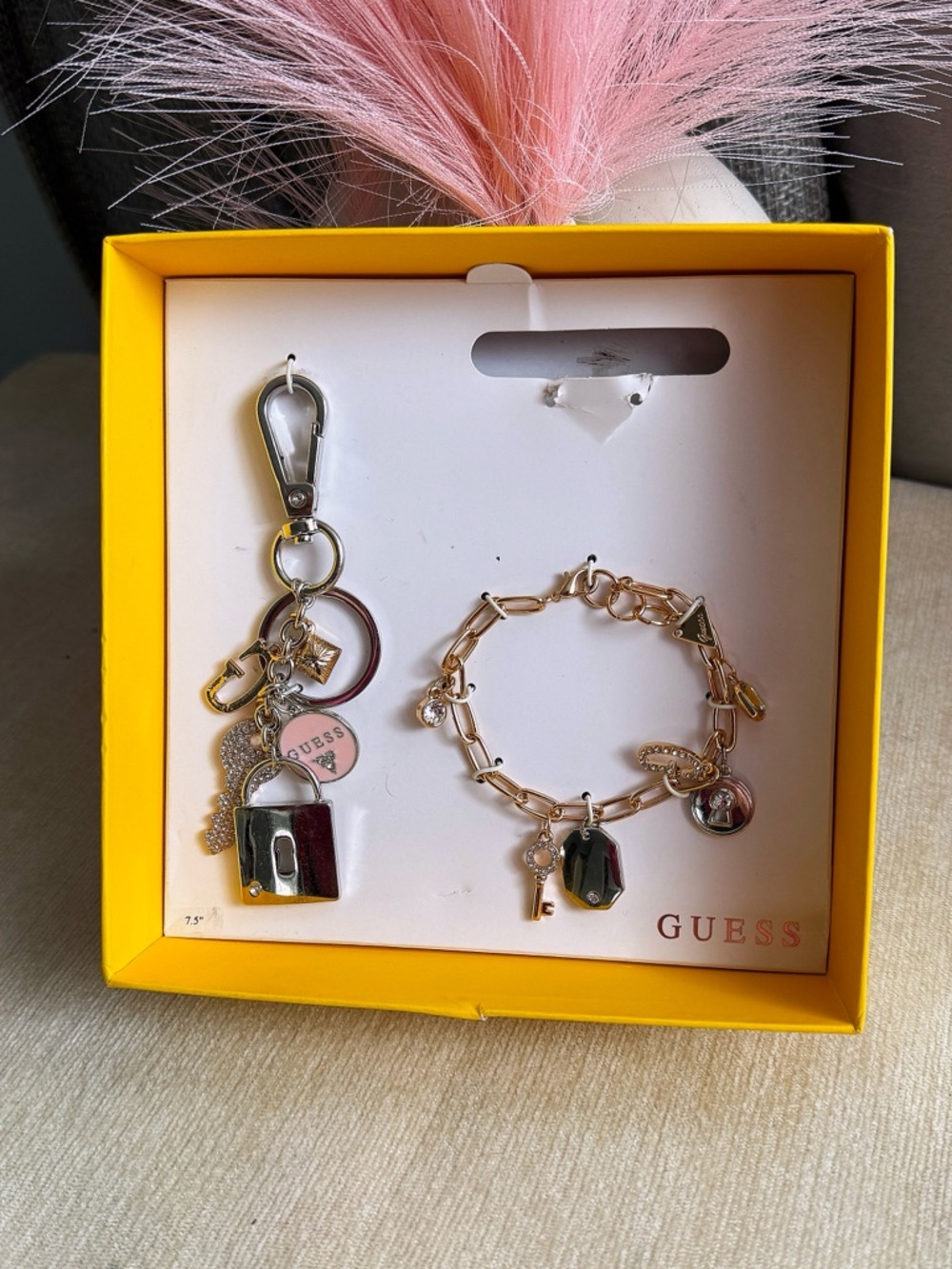 Guess Gold-Tone Charm Bracelet and Keychain Set with Pink Accent